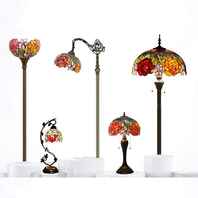 WERFACTORY Tiffany Floor Lamp Red Yellow Rose Stained Glass Standing Reading Light 16X16X64 Inches Antique Pole Corner Lamp Decor Bedroom Living Room Home Office S001 Series