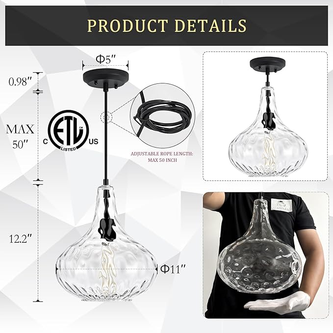 Glass Large Pendant Lights for Kitchen Island Blown Glass Pendant Light Clear Hammered Shade Hanging Ceiling Lights with Black Finish for for Kitchen Island, Sink, Hallway, Living Room 11 inch