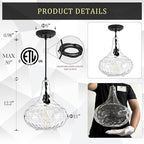 Glass Large Pendant Lights for Kitchen Island Blown Glass Pendant Light Clear Hammered Shade Hanging Ceiling Lights with Black Finish for for Kitchen Island, Sink, Hallway, Living Room 11 inch