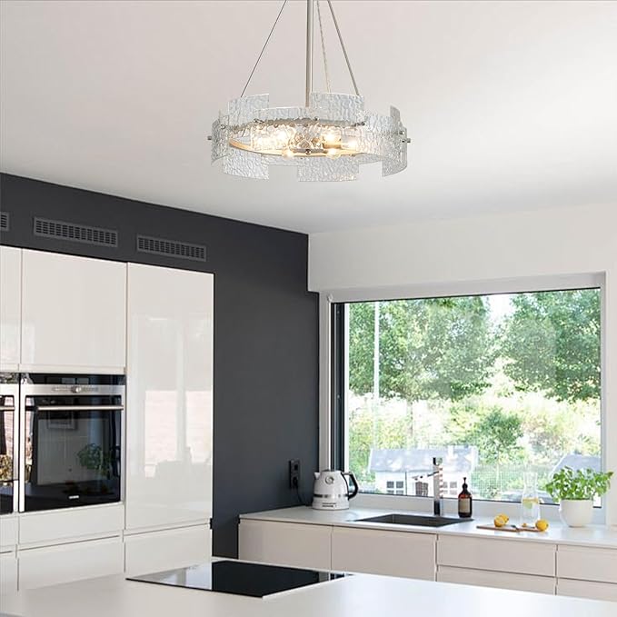 XINGQI Modern Farmhouse Chandelier 6-Light Silver Glass Drum Chandeliers 19.7" Height Adjustable Water Ripple Rustic Pendant Lighting Fixture for Dining Room Living Room Kitchen Island