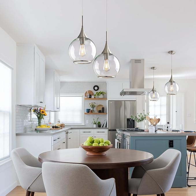 Pendant Lights Kitchen Island: Brushed Nickel Light Fixture Farmhouse with Clear Glass - 10 Inch Mid Century Globe Kitchen Lighting Fixtures Ceiling for Hallway