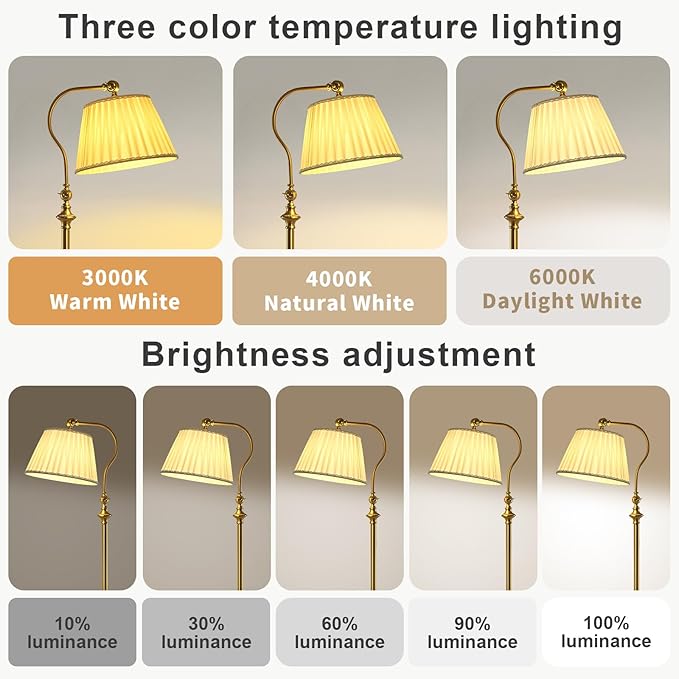 Gold Brass Floor Lamp with Fabric Shade,12W Smart Remote and Bluetooth Dimmable, Standing Lamps for Living Room Bedroom Farmhouse Office,Mid Century Rustic Vintage Antique Boho Tall Reading Light
