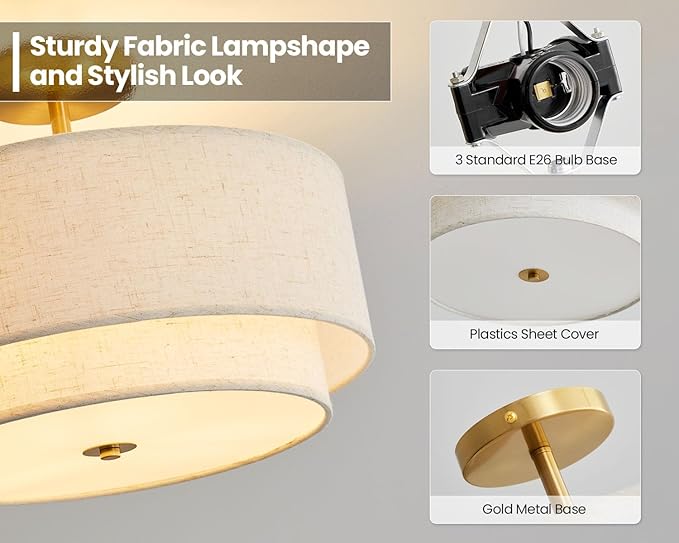 Double Drum 3 Light Semi Flush Mount Ceiling Light, Close to Ceiling Light Fixture, 16 Inch with Fabric Linen Shade, Gold Brass, for Living Room, Bedroom, Dining Room,Hallway and Entryway