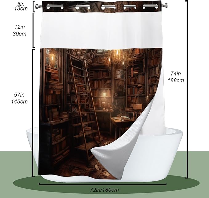 Antique Room for Study Theme Vintage Medieval Library Shower Curtain with Snap in Fabric Liner Set, Detachable Liner, See Through Mesh Top Window, Waterproof Washable 72" W x 74" H