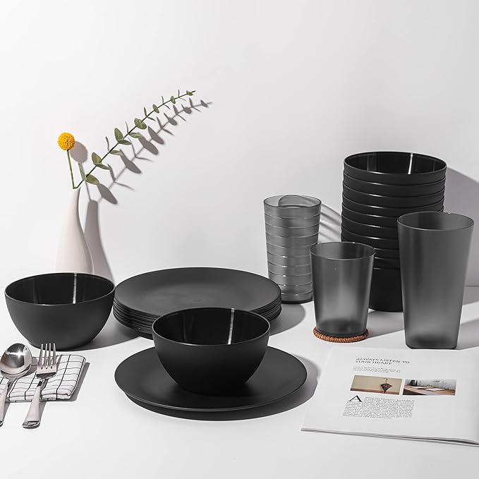 KX-WARE Plastic Plates Set of 8 - Unbreakable and Reusable 9.875 inches Dinner Plates, Black Color | Dishwasher Safe, BPA Free
