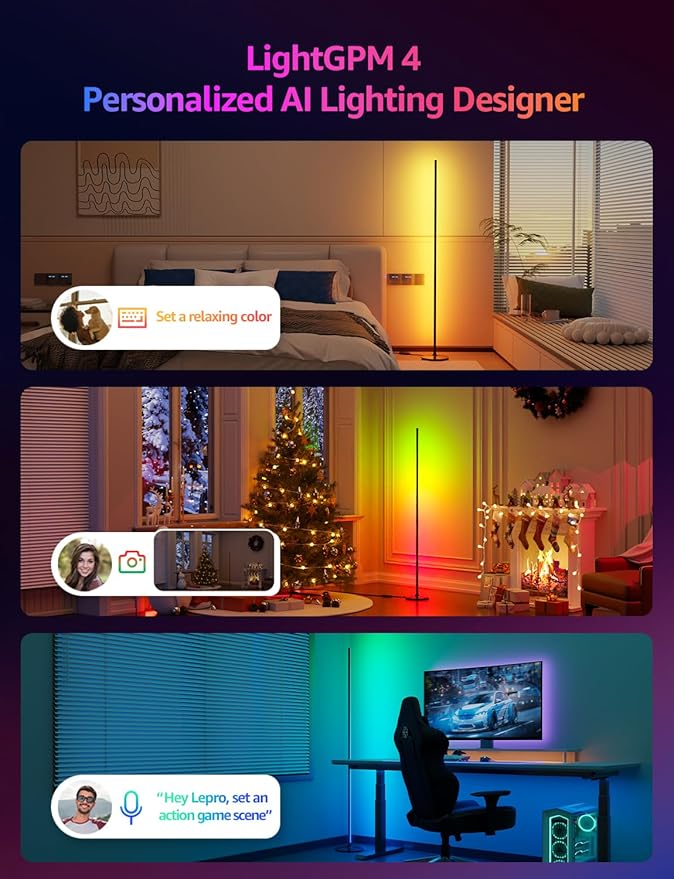 Lepro OE1 AI Smart Floor Lamp, RGBICW Corner Light with Music Sync, Alexa Compatible, Personalized AI Lighting Designer, Modern LED Standing Lamp for Living Room/Bedroom, 1000LM, 2.4G WiFi, No Remote