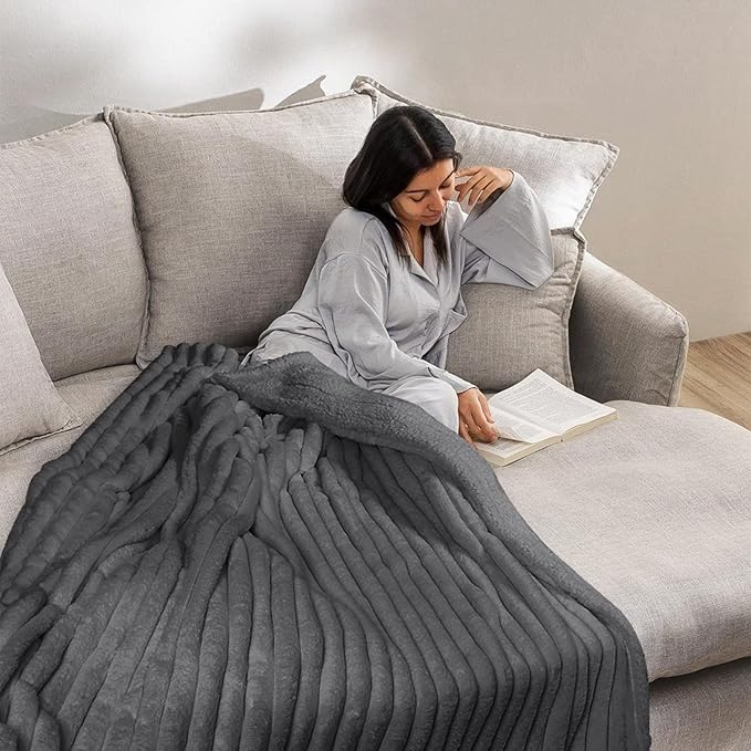 MOSAYT Throw Blanket for Couch Or Bed, Super Soft Faux Rabbit Fur Lamb Hair Blanket, Elegant Ruched Design Fleece Blanket, Grey Cozy Blanket for Couch, Sofa and Bed(50x60 Inch)