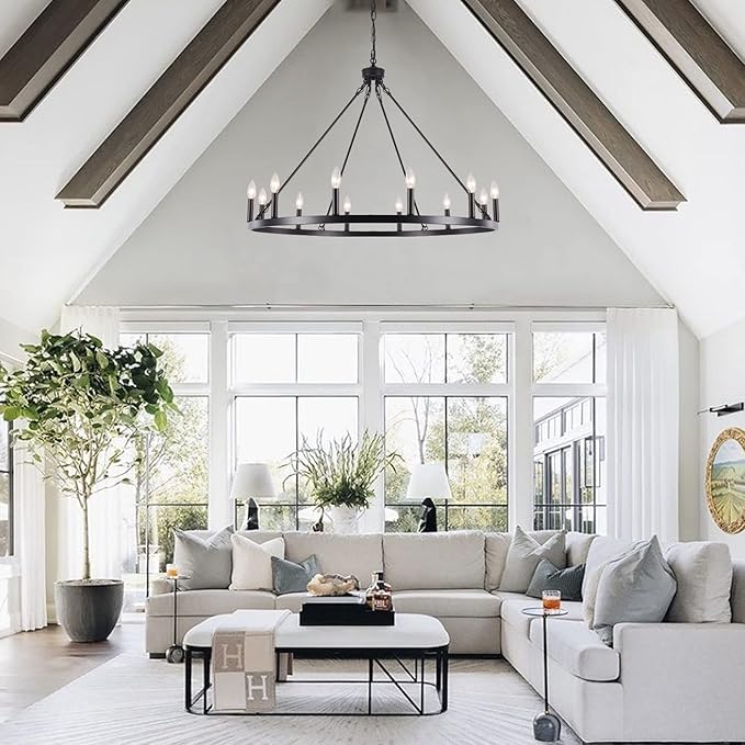 Black Wagon Wheel Chandelier 12-Light Farmhouse Chandelier for Living Room 38" Round Rustic Industrial Hanging Light Fixture for Dining Room Foyer Hallway Kitchen Island