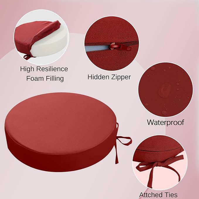 idee-home Outdoor Bistro Chair Cushions, 15”x15”x 3” Thick Outdoor Round Seat Cushions Set of 2 with Ties, Waterproof Round Patio Furniture for Garden