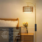 Gold Floor Lamps for Living Room with Remote & Dimmable LED Bulb, Modern Arc Floor Lamp with 3 Color Temperatures, Boho Standing Lamp with Rattan & Fabric Shades, Adjustable Tall Lamp for Bedroom