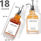 Dish Soap Dispenser for Kitchen, Hand Glass Soap Dispenser Set with Pump, Funnel for Bathroom, Shower, Laundry, Liquid, Lotion (Silver 2 Pack 18 Oz Clear Bottles with 12 Stickers)