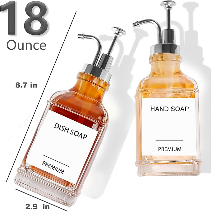 Dish Soap Dispenser for Kitchen, Hand Glass Soap Dispenser Set with Pump, Funnel for Bathroom, Shower, Laundry, Liquid, Lotion (Silver 2 Pack 18 Oz Clear Bottles with 12 Stickers)