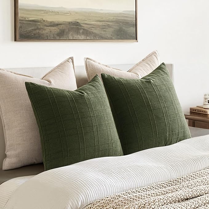 MIULEE Decorative Linen Check Euro Shams Throw Pillow Covers Neutral Farmhouse Vintage Christmas Pillow Covers 24x24 Set of 2 Boho Modern Home Decor for Sofa Couch Bedroom Cushion Dark Olive Green