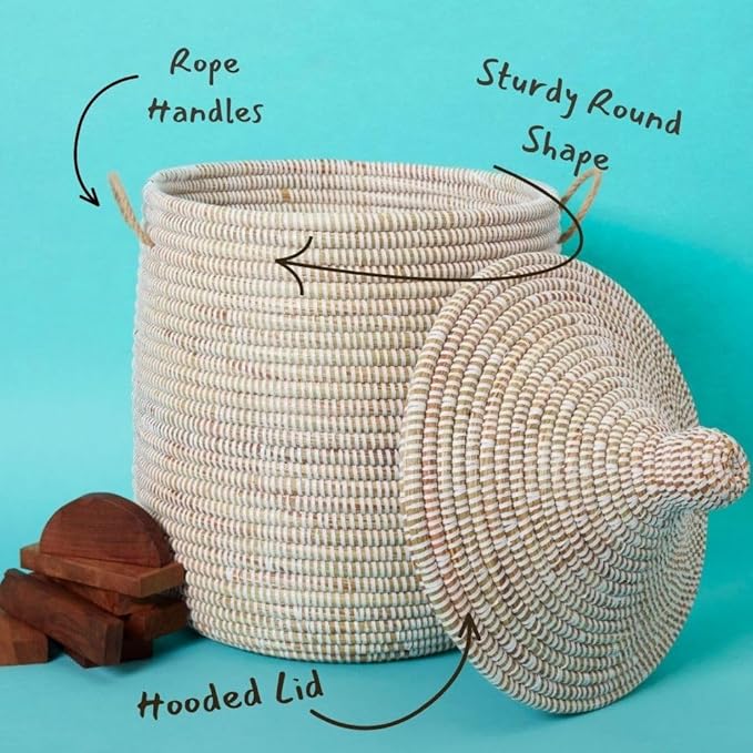 Home Storage & Organization, Decorative White Wicker Baskets, Laundry Hamper, Baby Nursery Toys Bin, Blankets Storage Living Room, Bathroom Towels Holder, Woven, Round, Lid, Handles, Set of 3pcs