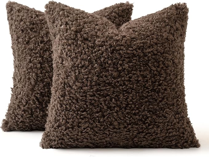 MIULEE Pack of 2 Throw Pillow Covers 20x20 Inch Chocolate Faux Fur Decorative Sherpa Pillow Covers Fuzzy Accent Soft Sheepskin Fleece Cushion Cases for Boho Home Decor Couch Living Room Bed