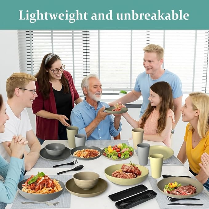 Teivio 20-Piece Kitchen Wheat Straw Dinnerware Set, Service for 4, Dinner Plates, Dessert Plate, Cereal Bowls, Pasta Bowls, Cups,Unbreakable Plastic Outdoor Camping Dishes, Khaki