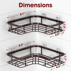 Corner Shower Caddy - 2 Pack, Adhesive Shower Organizers, Rustproof Stainless Steel Shower Shelves with 8 Hooks, No Drilling Bathroom Organizers and Storage Racks, Space-Saving, Brown, Medium
