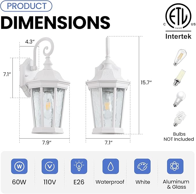 Outdoor Wall Lantern, Waterproof Exterior Wall Light Fixtures, Outdoor Porch Light Fixtures Wall Mount in White Finish with Clear Glass, Aluminum Alloy, 60W