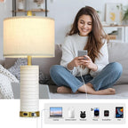 27" White Ceramic Lamps for Living Room, 3-Way Dimmable Touch Ceramic Table Lamp Set of 2 for Bedroom，Rustic Farmhouse Bedside Lamp with USB A+C & Outlets, Elegant Bedroom Lamp for Nightstand