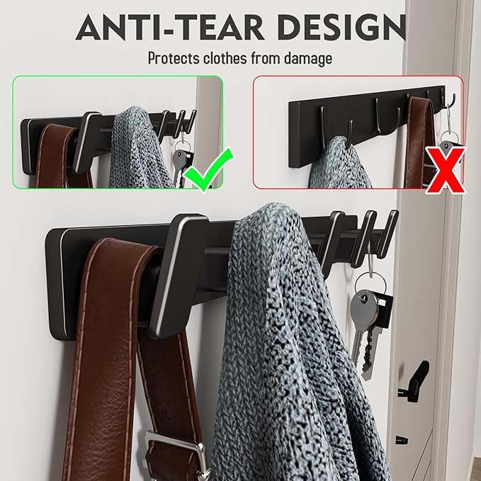Coat Hook Wall Rack Hanger - Double Coat Rack with 5 Hooks Wall Hooks for Hanging Hat Key Bag Towel Wall Mount Coat Rack, Black 2 Packs