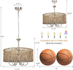 LynPon 17.7" Brushed Nickel Boho Rattan Chandeliers for Dining Room, 6-Light Seagrass Pendant Light Fixtures with Hand Woven Wicker Shade, Farmhouse Drum Chandelier for Living Room Kitchen Hallway
