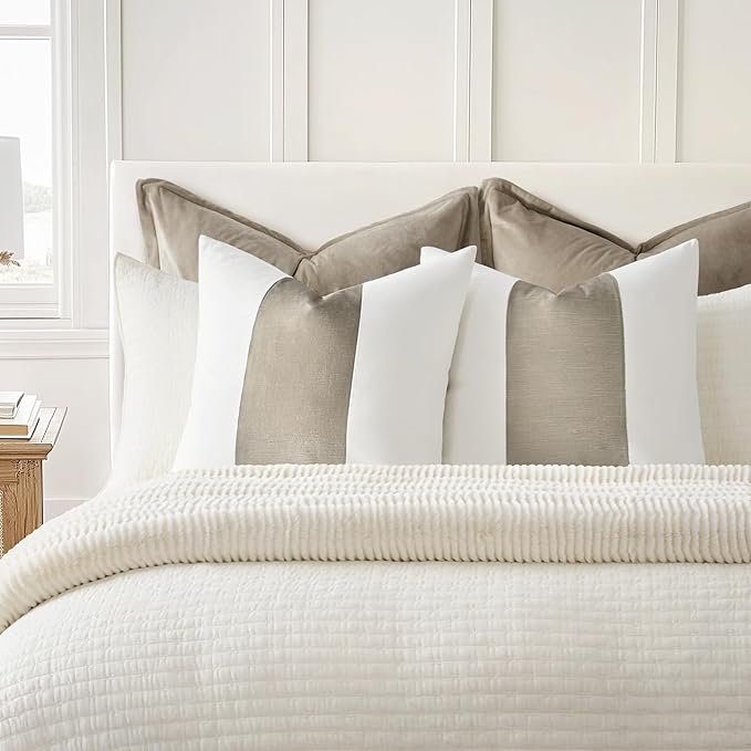 EVERGRACE x Kinsey Walsh Signature Velvet Panel Cotton Pillow Covers Set of 2, Decorative Pillow Covers 22"x22" for Couch, Square Cushion Cases for Sofa Bedroom Living Room, Sand Dune