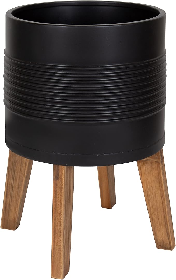 Kate and Laurel Gavri Farmhouse Freestanding Indoor Planter; 11.25 Inch Diameter; Black and Rustic Brown; Decorative Plant Stand with Wood Base and Iron Pot