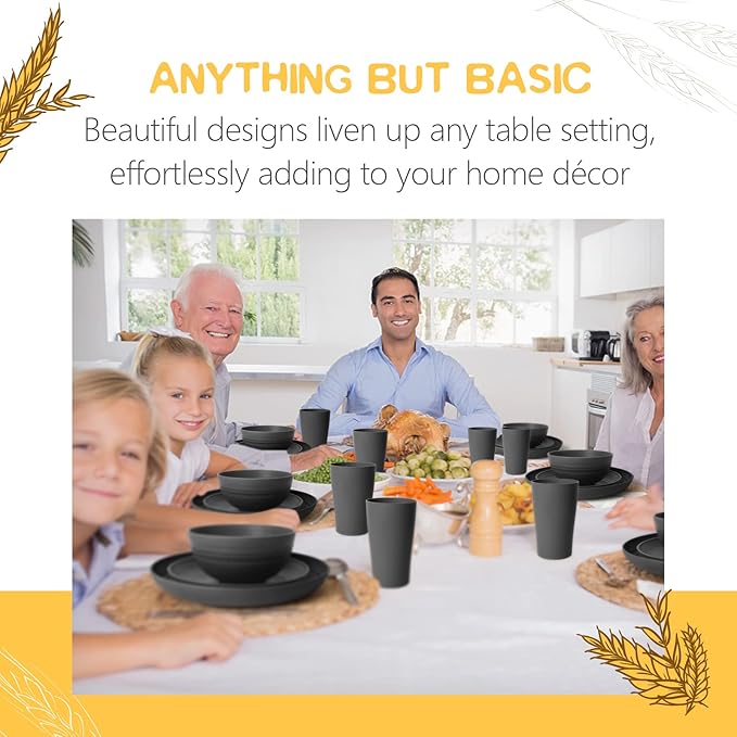 Teivio 48-Piece Kitchen Plastic Wheat Straw Dinnerware Set, Service for 12, Dinner Plates, Dessert Plate, Cereal Bowls, Cups, Unbreakable Outdoor Camping Dishes, Apartment Dinning Essentials,Black