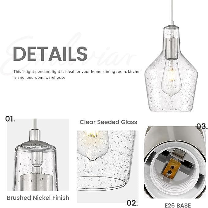 Emliviar 1-Light Modern Hanging Ceiling Light, Brushed Nickel Finish Kitchen Light Fixture, Adjustable Pendant Lighting with Seeded Glass Shade, DYE286G2-MIL BN