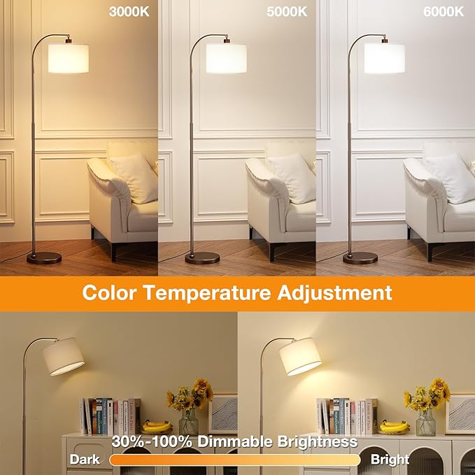 Arc Floor Lamp with Remote and Stepless Dimmable Bulb, Colors Temperature & Brightness Adjustable, Floor Lamps for Living Room（Deep Beige Shade & Brown Pole）