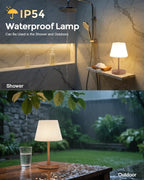 Outdoor Battery Operated Table Lamp, IP54 Waterproof Shower Lamp, 4000mAh Rechargeable Cordless Lamp, 3 Color Temperatures Dimmable, Small Touch Table Lamp for Bedroom, Patio, Camping, Restaurant