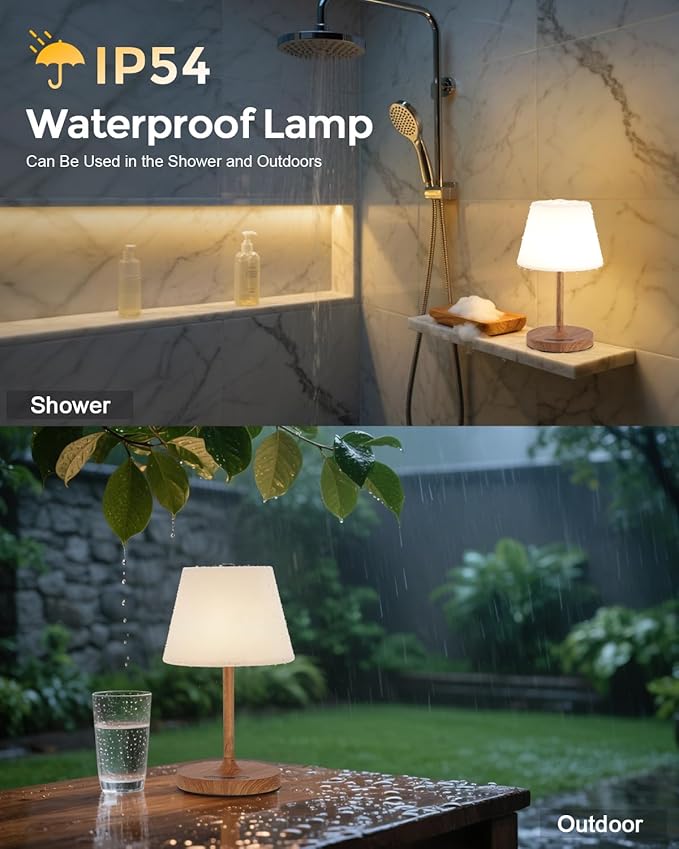 Outdoor Battery Operated Table Lamp, IP54 Waterproof Shower Lamp, 4000mAh Rechargeable Cordless Lamp, 3 Color Temperatures Dimmable, Small Touch Table Lamp for Bedroom, Patio, Camping, Restaurant