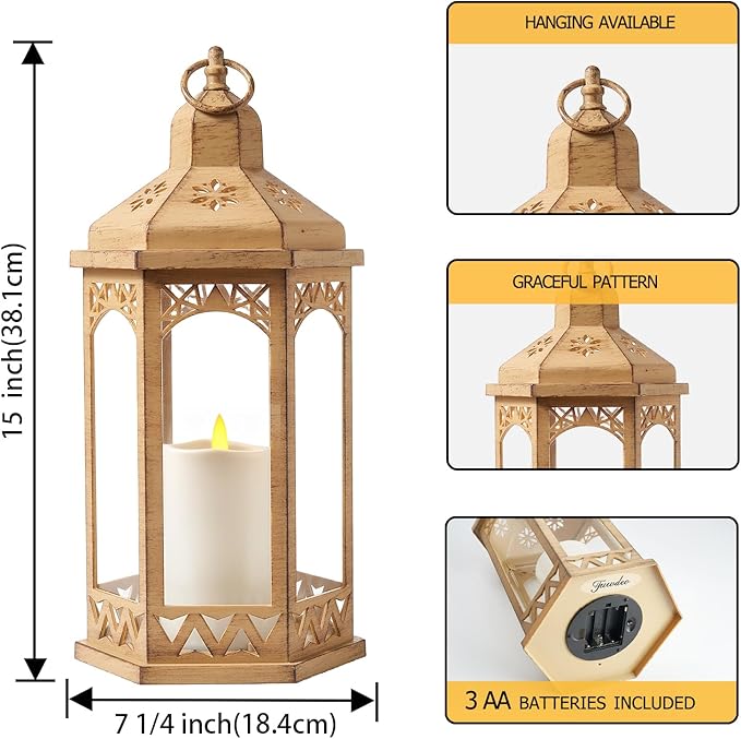 LED Hexagon Lantern with Flameless LED Candle, Unique Shape and Pattern to Give an Upscale Garden Party Vibe. Suitable for Home & Outdoor Usage or Wedding.Battery Powered (Beige)