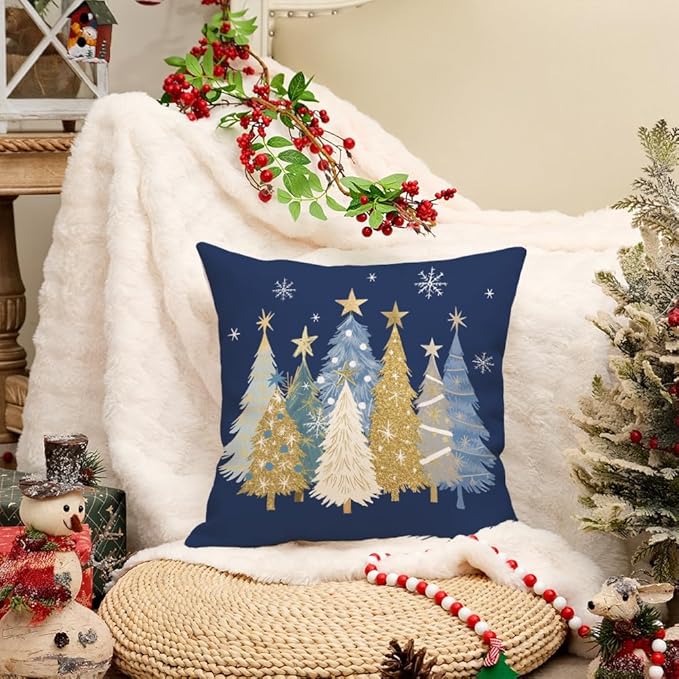 AACORS Christmas Pillow Cover 16X16 Inch Watercolor Christmas Tree Stars Decoration Holiday Farmhouse Winter Pillow Case for Sofa Couch Decor(Blue) AA608-16
