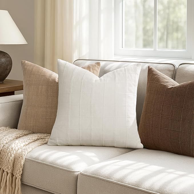 Woaboy Linen Check Throw Pillow Covers Set of 2 - Dark Brown Farmhouse Modern Boho Vintage Decorative Cushion Covers for Sofa Couch Bedroom Living Room Decor 22x22 Inch