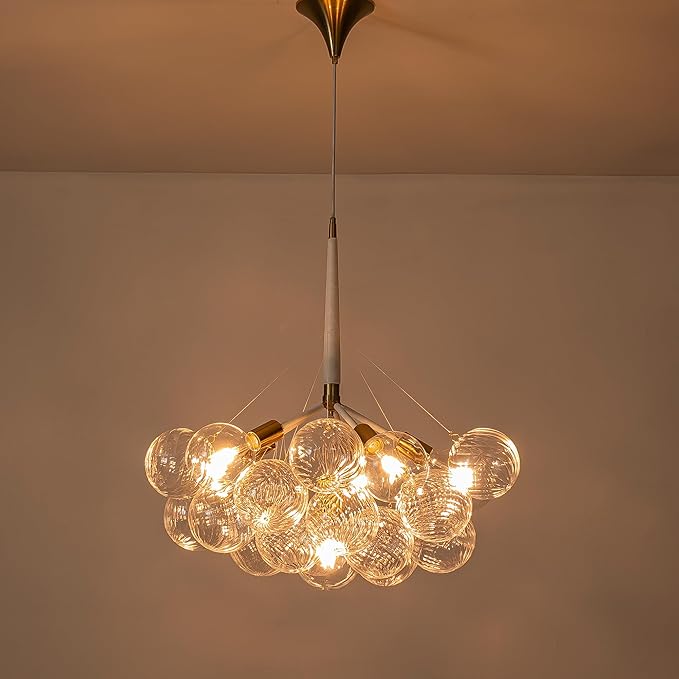 White Gold Bubble Ball Chandelier 6-Light Dia 24 Inch Mid-Century Blown Glass Light Fixtures Swirled Clear Globe Chandeliers Lighting Pendant for Dining Living Room Entryway Island