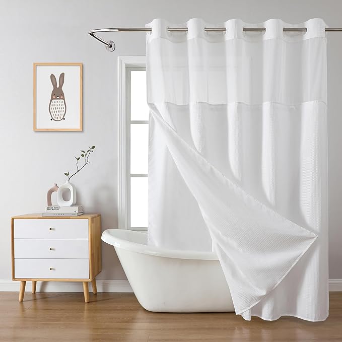 White No Hook Waffle Weave Shower Curtain with snap-in Liner Replacement, 230GSM Waterproof Fabric Hotel Shower Curtain Set for Bathroom, Through Mesh Top Window,71Wx92H