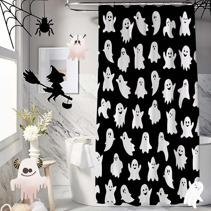 Metawu Halloween Shower Curtain Ghost Shower Curtains Sets Spooky Boo Bathroom Curtain for Kids Washable Waterproof Bathtubs Curtains 72"×72" with 12 Hooks Bathroom Decoration