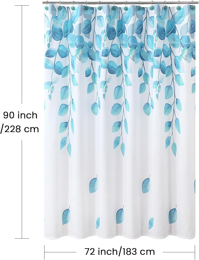 90 Inch Fabric Shower Curtain, Blue Watercolor Eucalyptus Leaves Shower Curtain for Bathroom, 72" W x 90" H