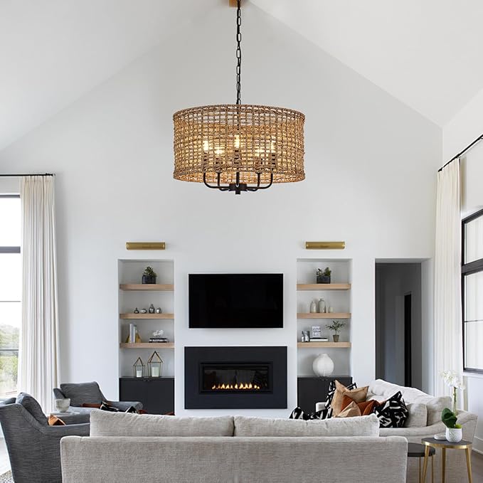 Hand-Woven Rattan Chandelier Vintage Farmhouse Boho Bamboo Chandeliers Light Fixture Rustic Retro 5-Lights Drum Wicker Rattan Black Chandelier for Dining Room, Kitchen, Living Room, E12