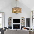 Hand-Woven Rattan Chandelier Vintage Farmhouse Boho Bamboo Chandeliers Light Fixture Rustic Retro 5-Lights Drum Wicker Rattan Black Chandelier for Dining Room, Kitchen, Living Room, E12