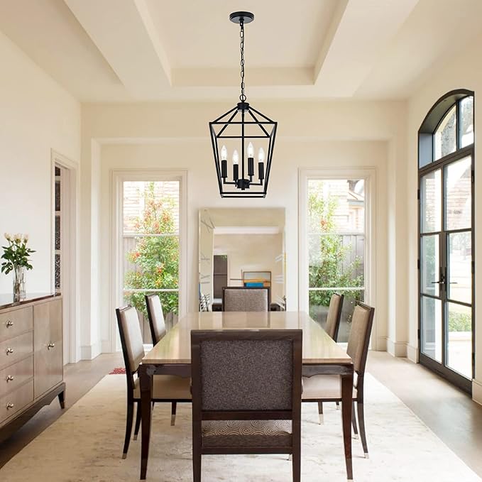 MELUCEE Farmhouse Chandelier 4 Lights Lantern Pendant Light in Black Finish Vintage Openwork Cage Hanging Light Ceiling for Kitchen Island Dining Room Hallway Entryway, E12 Base