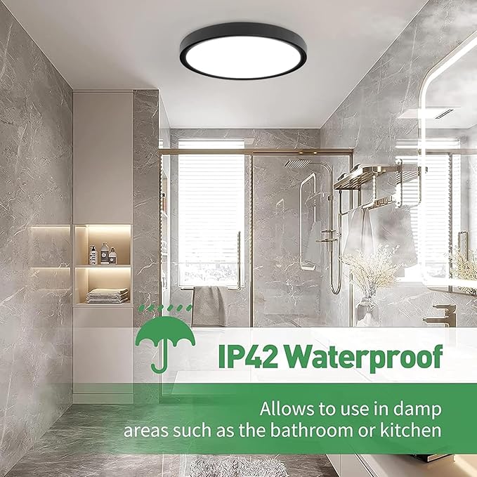 20 Inch Large LED Flush Mount Ceiling Light with Remote,40W,4350LM,3000K-6000K Selectable,Black Round Flat Panel Low Profile Ceiling Light Fixture for Kitchen,Bedroom,Hallway,Bathroom