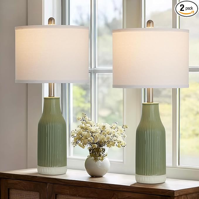 24.5″ Ceramic Table Lamps Set of 2, Modern Farmhouse Bedside Lamps for Bedroom Nightstand, Small Light Green Lamp for Living Room End Table (2 LED Bulbs Included)