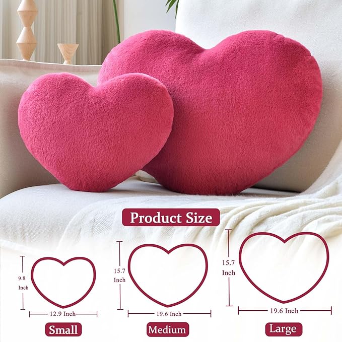 Rose Red Heart Pillows, Cute Heart Decorative Pillow, Heart Shaped Throw Pillows for Bed, Faux Rabbit Fur Plush Hoom Decor Pillow Cushion for Chair Sofa Living Room (Large-19.6"x15.7")