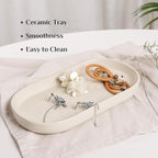 Ceramic Jewelry Tray – Oval Vanity Dish for Rings, Earrings, Bracelets – Minimalist Decorative Trinket Holder for Dresser, Bathroom, Nightstand – Cream White