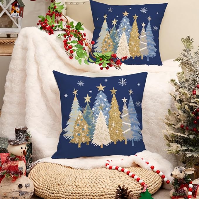 AACORS Christmas Pillow Covers 20X20 Set of 2,Watercolor Christmas Tree Stars Decoration Holiday Farmhouse Winter Pillow Case for Sofa Couch Decor（Blue） AA608-20-2