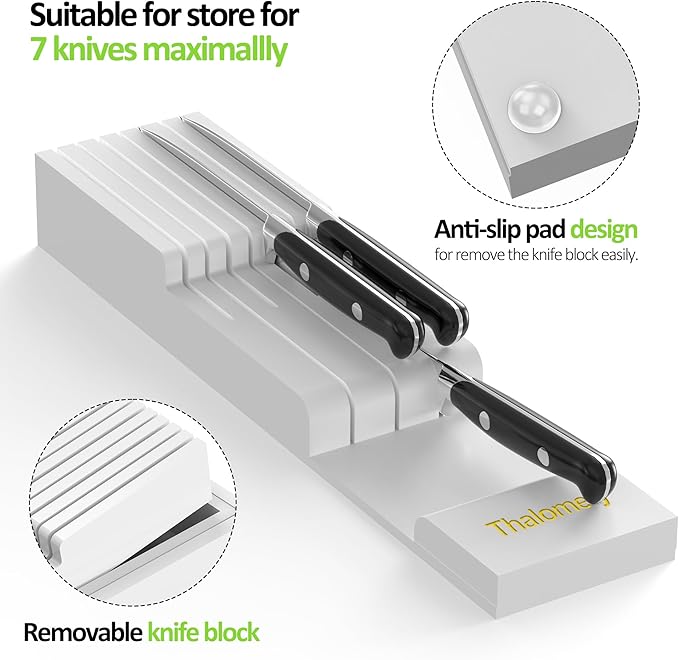 Bamboo Kitchen Drawer Organizer, Expandable Utensil Organizer with Removable Knife Block, Cutlery Tray Holder with Divider, Adjustable Silverware Organizer, White
