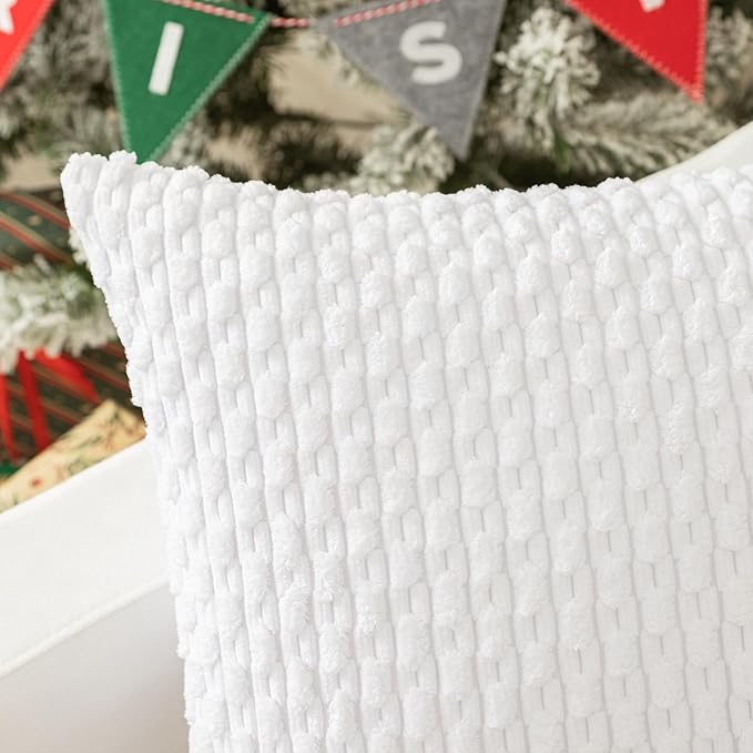 Kevin Textile Velvet Pillow Covers Striped Decorative Throw Cushion Case with Hidden Zipper for Home Couch/Bedroom 2 Pack (24x24 Inch Pure White)