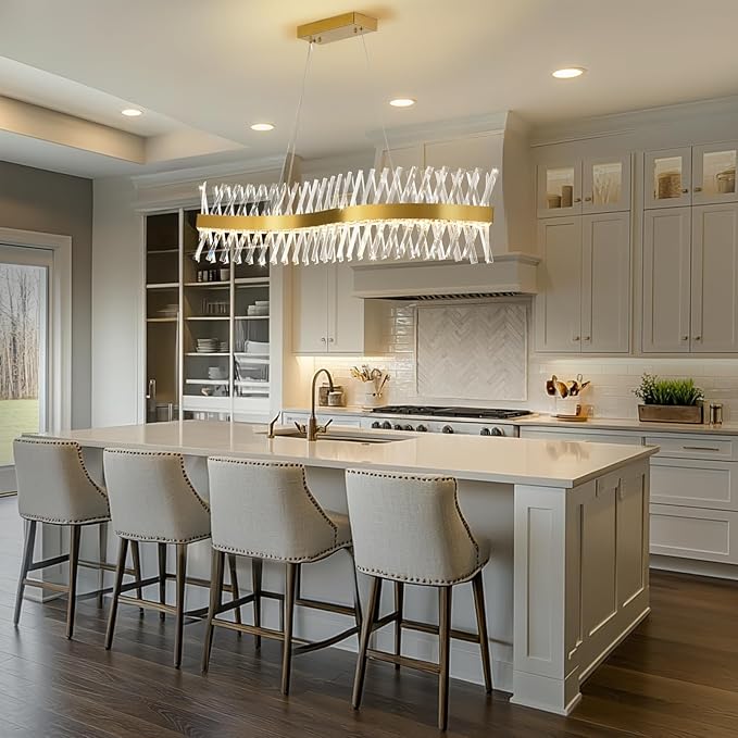 Modern Crystal Chandeliers, L47" Large Chandeliers for Dining Room Over Table, S-shape Luxurious Gold Rectangular Dining Room Chandelier Linear Kitchen Island Lighting, Dimmable Ceiling Light Fixture